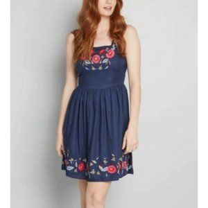 ModCloth Dress Womens Large Navy Blue Enlightened Look Embroidered Boho